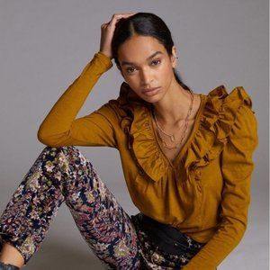 Anthropologie Ruffled V-Neck Top M Burnished Gold NWT
